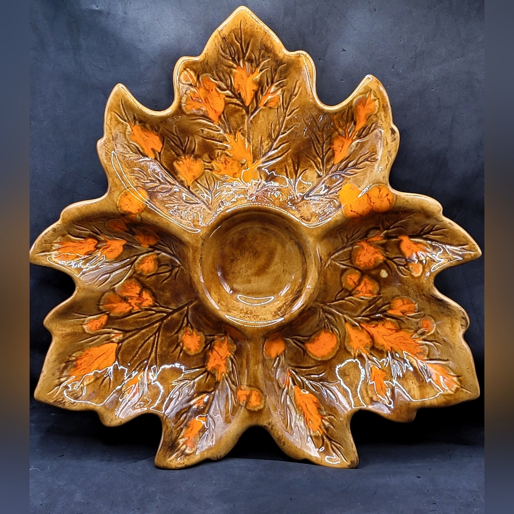 Vintage Elyse California Pottery Leaf Dish 13” Autumn Brown & Orange